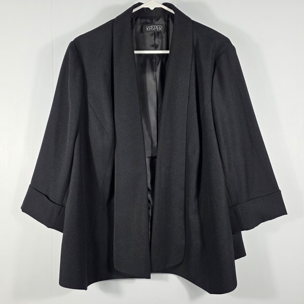 Kasper Womens Black Open Front Shawl Collar 3/4 Sleeve Blazer Jacket Lined